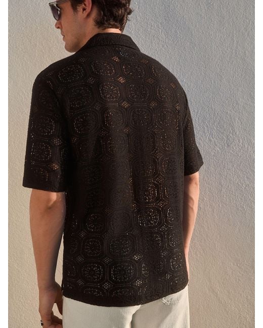 Next Black Short Sleeve Crochet Shirt With Cuban Collar for men