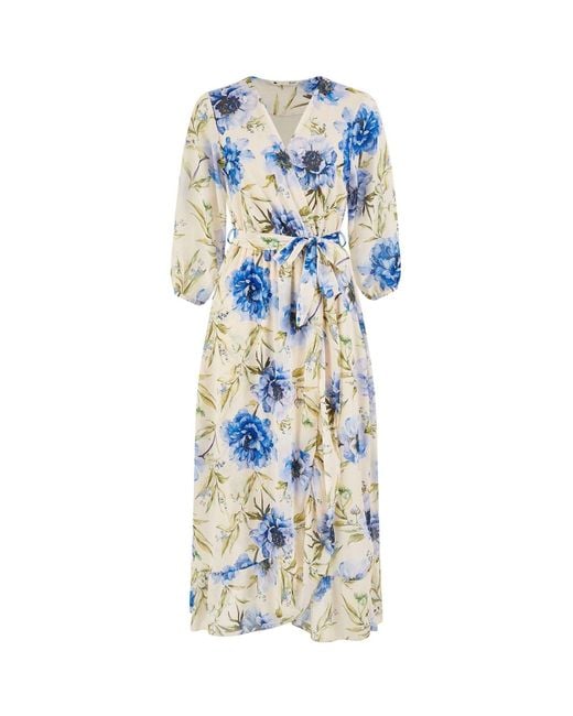 Yumi' Blue Vintage Floral Wrap Midi Dress With Frill