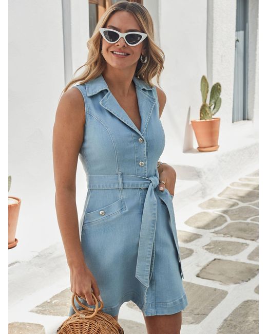 Sosandar Blue Sleeveless Belted Denim Dress