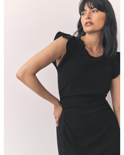 black short sleeve ruched midi dress Black Cap Sleeve Ruched Open Back Midi Dress
