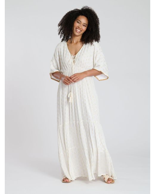 South Beach White Metallic Jacquard Spot Tiered Maxi Dress