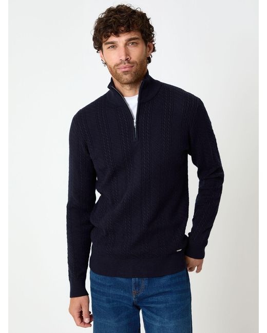 Threadbare Blue Cable Knit Quarter Zip Jumper for men