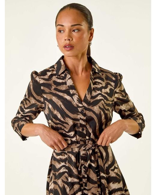 Roman Brown Petite Animal Print Shirt Stretch Dress