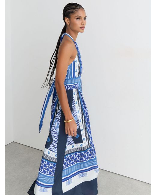 Reiss Blue Scarf-Print Halterneck Midi Dress