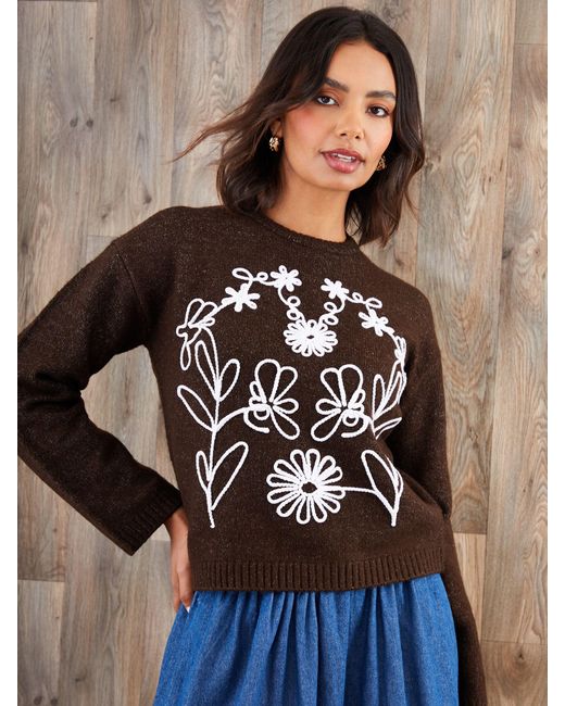 Threadbare Brown Cornelli Embellished Knitted Jumper