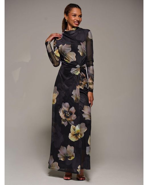 Jolie Moi Gray High Neck Long Sleeve Mesh Maxi Dress