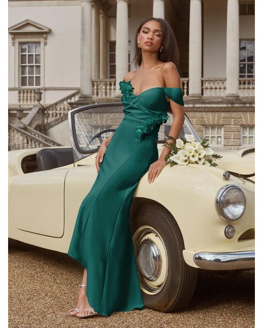 Lipsy Metallic Bardot 3D Floral Trim Bridesmaid Dress