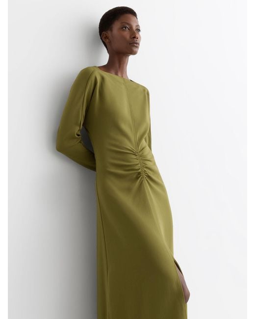 Reiss Green Ruched Long-Sleeve Midi Dress