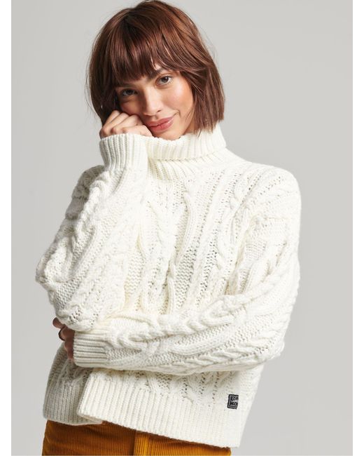 Superdry White Vintage Hochgeschlossener Strickpullover Mit Zopfmuster