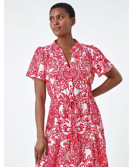 Roman Red Floral Print Frill Hem Shirt Dress