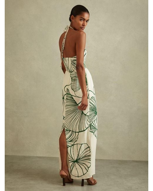 Reiss White Lexi Floral Sketch Halter Neck Maxi Dress