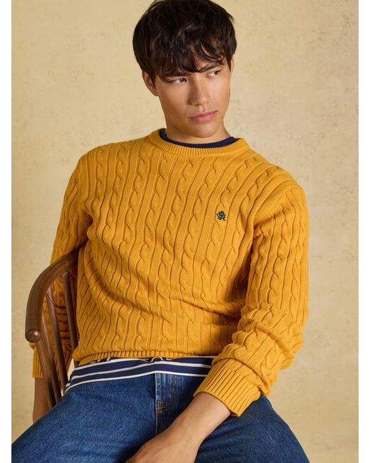 Joules Yellow Crew Neck Cotton Cable Knit Jumper for men