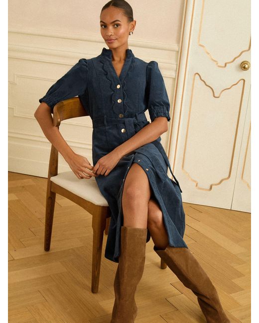 Love & Roses Blue Corduroy Scallop Trim Midi Dress