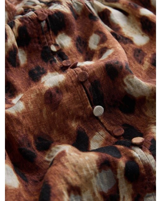 Next Brown Flutter Sleeve Button Front Top With Linen