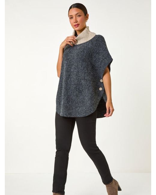 Roman Gray Contrast Roll Neck Button Knit Poncho