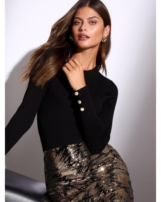 Lipsy Black 2-In-1 Crew Neck Long Sleeve Knitted Mini Dress