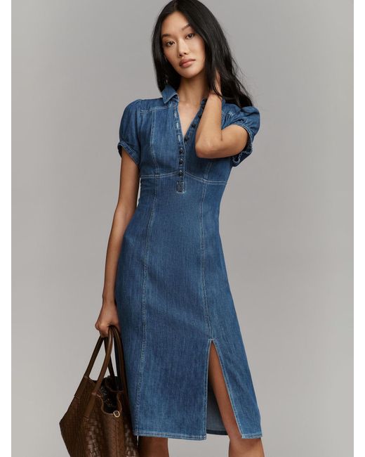 pilcro puff-sleeve seamed denim dress Pilcro Long-Sleeve Button-Front Seamed Denim Mini Dress In Blue - 41% Off