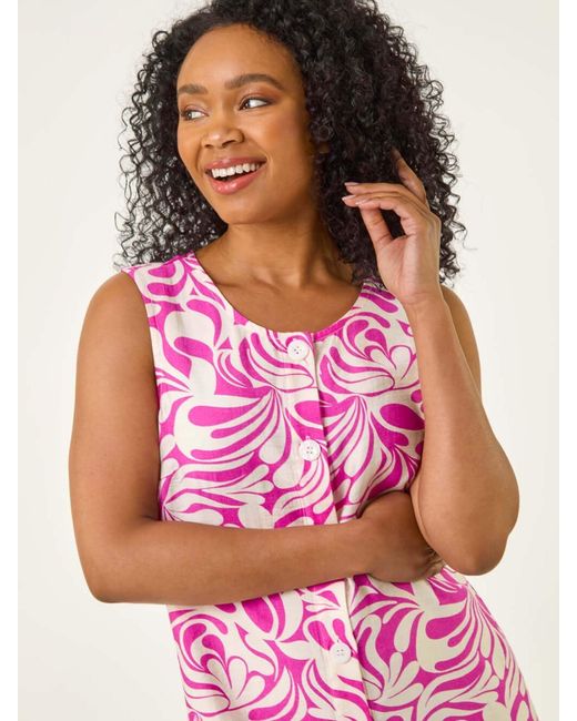 Roman Pink Petite Leaf Print Buttoned A-Line Dress