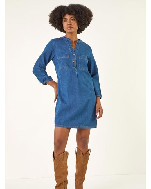 Roman Blue Cotton Denim Button Shift Dress