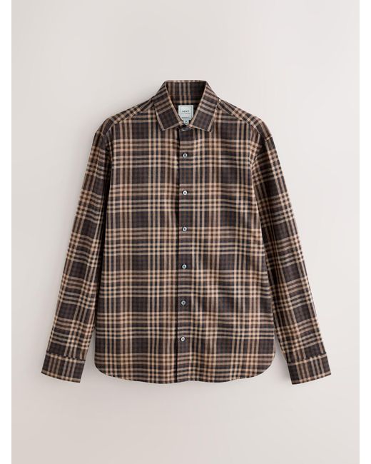 Next Brown Regular Fit Check Soft Touch 100% Cotton Smart Long Sleeve Shirt for men