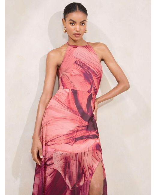 Lipsy Pink Printed Halter Chiffon Sleeveless Maxi Dress