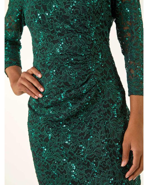 Roman Green Sequin Lace Ruched Stretch Dress