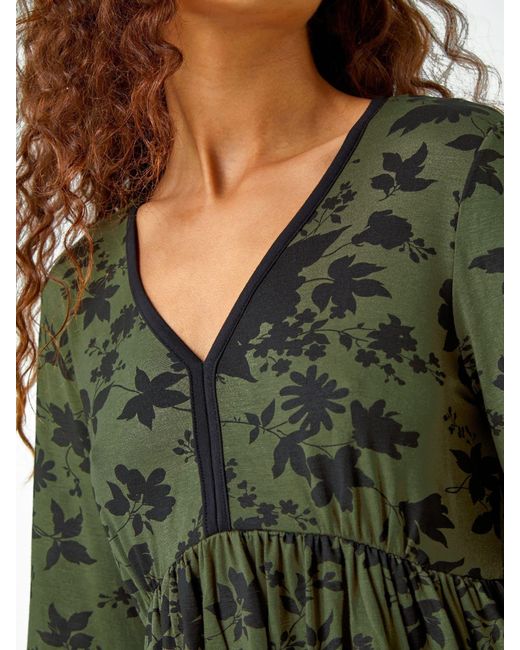 Roman Green Floral Contrast Trim Stretch Dress