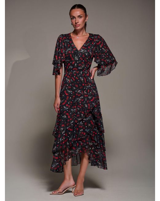 Jolie Moi Gray Frill Trim Mesh Maxi Dress