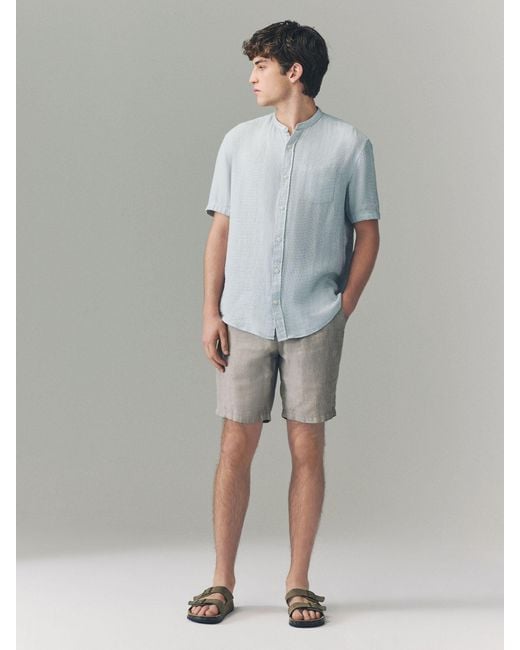 Next Blue Grandad Collar Cotton Linen Blend Short Sleeve Shirt for men