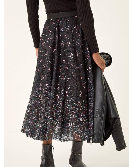 Roman Black Printed Lace Overlay Skirt