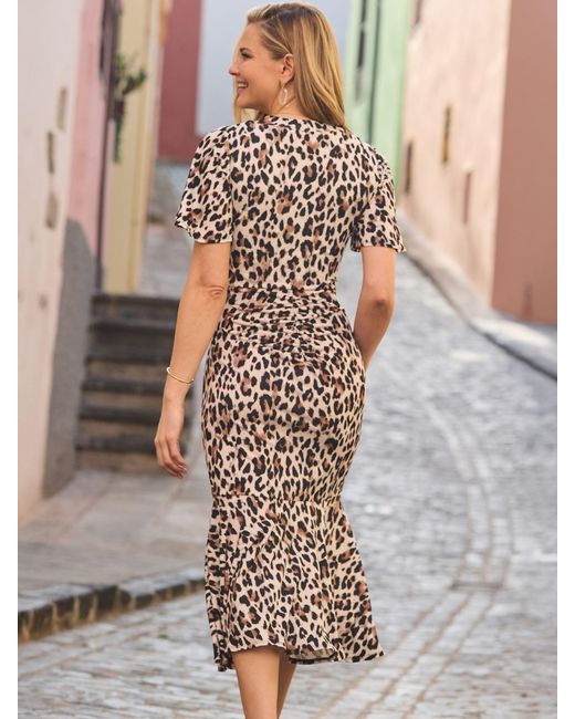 Sosandar Brown Leopard Print Ruched Detail Dress