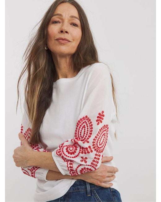 JD Williams Red 100% Cotton Broderie 3/4 Length Sleeve Crew Neck Blouse