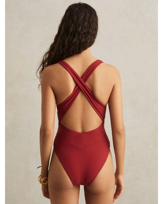 Reiss Red Plunge Halterneck Swimsuit