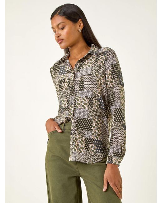 Roman Gray Patchwork Print Stretch Top