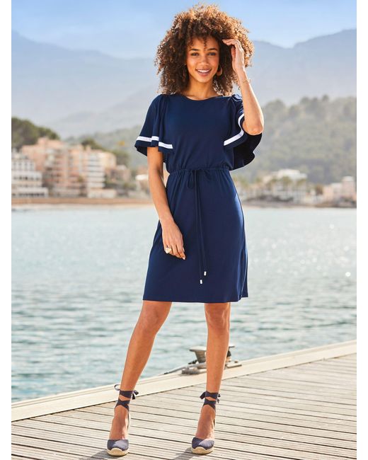 Sosandar Blue Contrast Trim Angel Sleeve Jersey Dress
