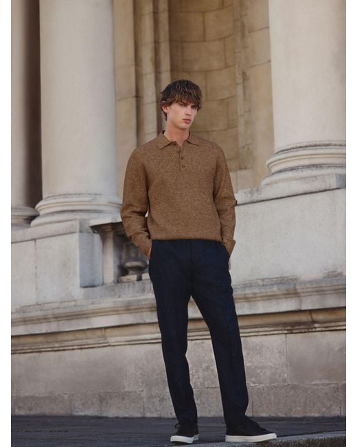 Next Brown Regular Fit Textured Long Sleeve Knit Polo Shirt With Wool for men