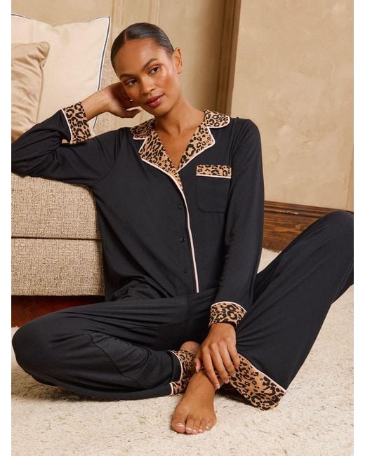 Love & Roses Black Leopard Tipped Jersey Button Through Pyjamas Set