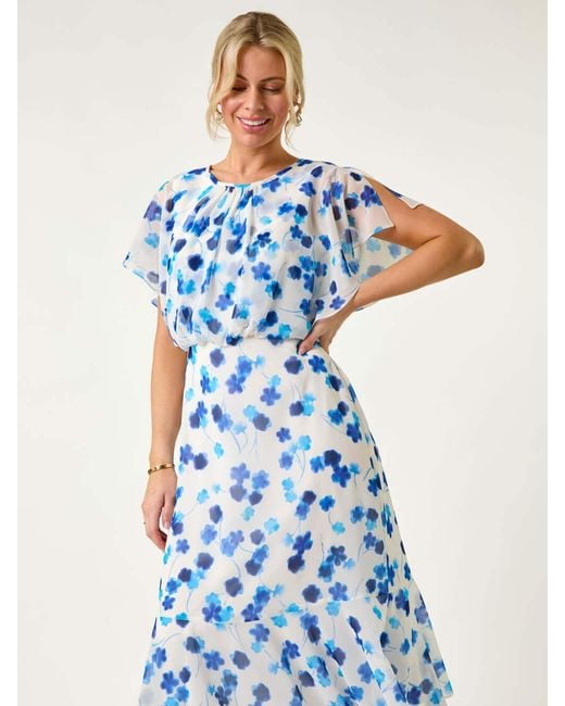 Roman Blue Petite Floral Print Blouson Dress