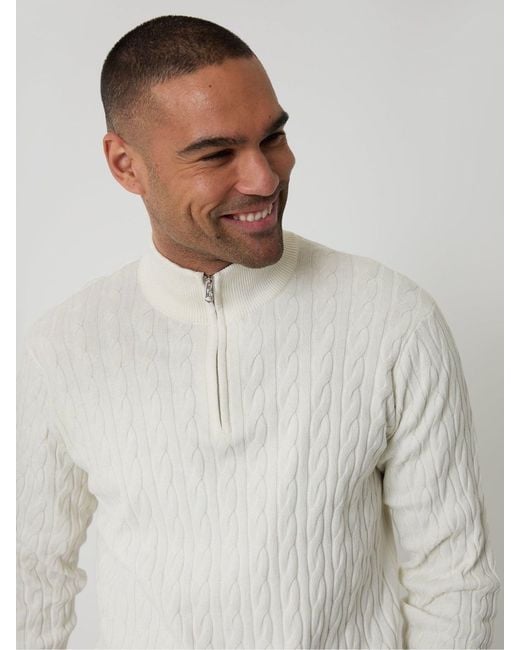 Threadbare White Cable Knit Quarter Zip Jumper for men