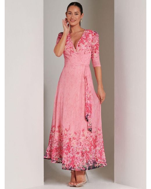 Jolie Moi Pink Peggy Maxikleid Mit Gerüschten Ärmeln Und Mesh-Wickelung