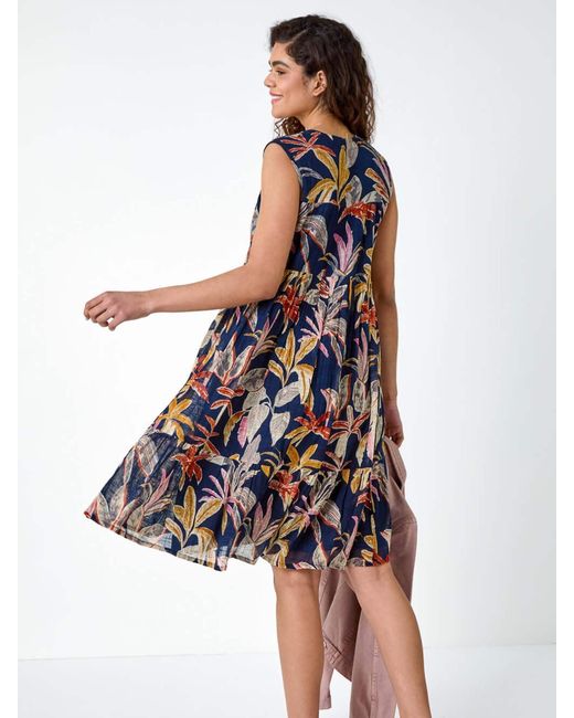 Roman Blue 100% Cotton Tropical Lace Detail Tiered Dress