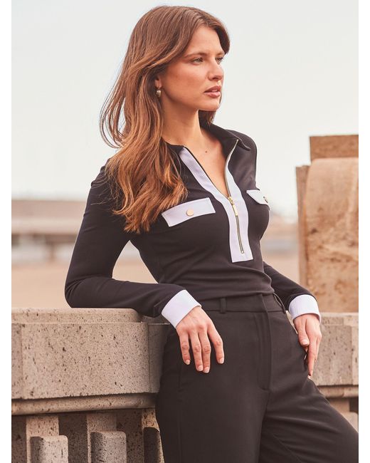 Sosandar Brown Contrast Trim Zip Detail Jersey Top