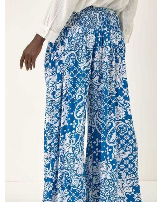 Roman Blue Printed Shirred Wide Leg Trousers