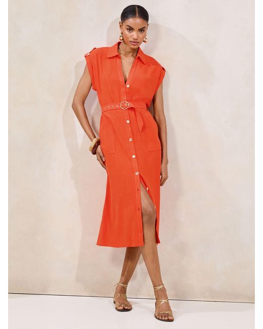 Lipsy Orange Short Sleeve Linen Look Button Down Midi Shirt Dress