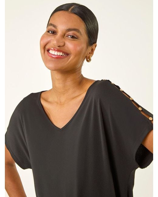 Roman Blue Cold Shoulder Button Top
