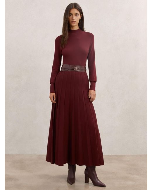 Reiss Red Petite Belted Knit Pleated Midi Dress