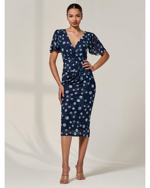 Jolie Moi Blue Mesh Short Sleeve Midi Dress