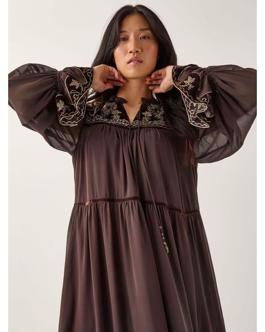 Monsoon Brown Nova Embroidered Yoke Chiffon Maxi Dress