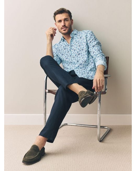 Next Blue Regular Fit Print 100% Linen Long Sleeve Smart Shirt for men