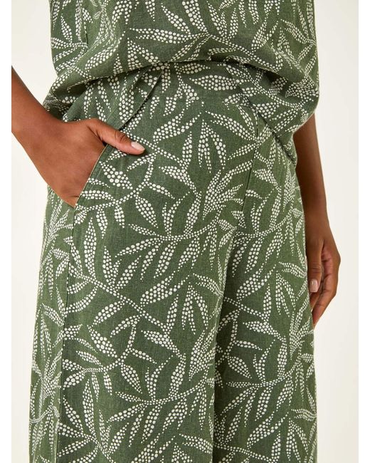 Roman Green Leaf Print Linen Mix Wide Leg Trousers